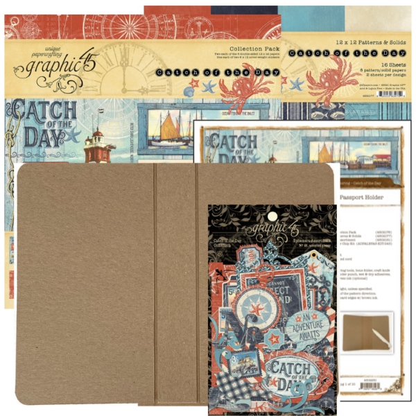 catch of the day, graphic 45, kit, volume 5, chipboard album, project sheet, paper pad, die cuts
